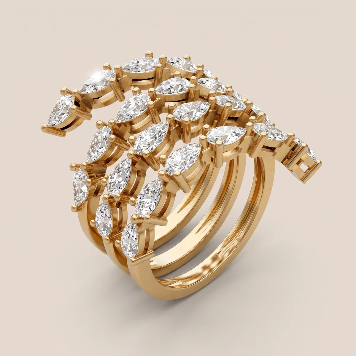 Marquise & Round Diamond Four-Row Open Ring R00920 — 18K gold ring by RUT GOLD